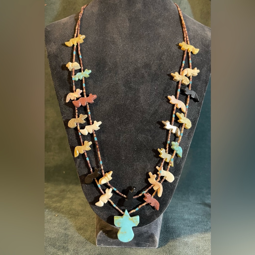 Vintage Double Strand Turquoise Thunderbird Native American Fetish Necklace